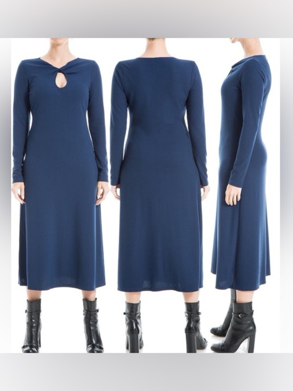 Max Studio Long Sleeve Navy Midi Dress with Keyhole Twist
